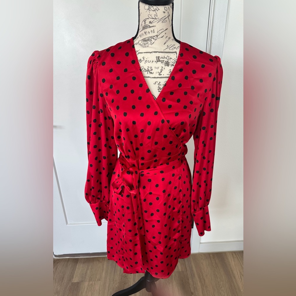NWT Kitri Women's Red Rebecca Polka Dot Wrap Mini Dress. Size S.